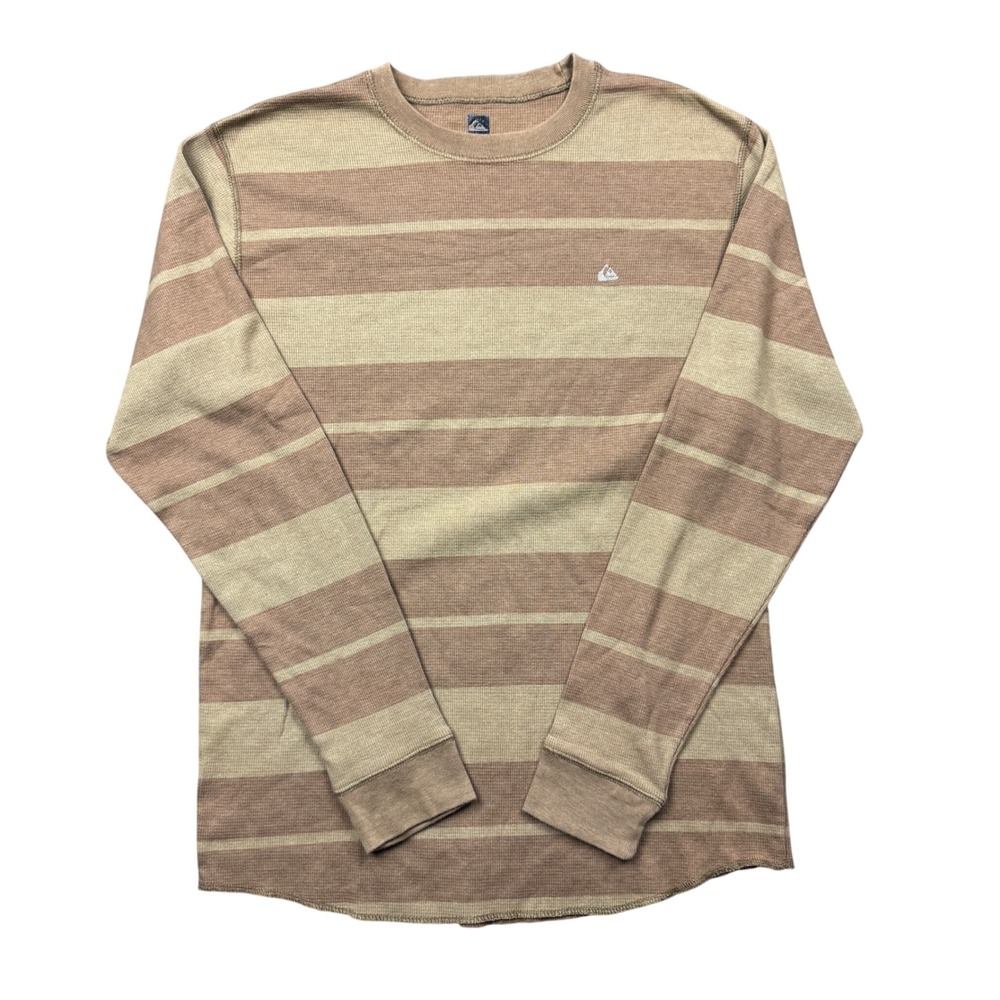 Y2K Quiksilver Mens XL Brown Striped Waffle Knit Thermal Long Sleeve Shirt Surf‎